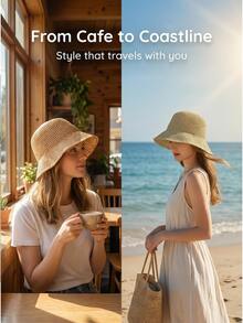 1pc Women's Vacation Style Summer Sun Protection Straw Bucket Hat, UPF 50+ Sun Hat, Suitable For Daily Outdoor Wear And Beach Travel Photography - A - View 3