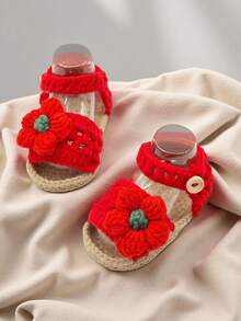 1 Pair Infant Flower Crochet Sandals, Pre-Walker Soft Sole Shoes - Red - View 10