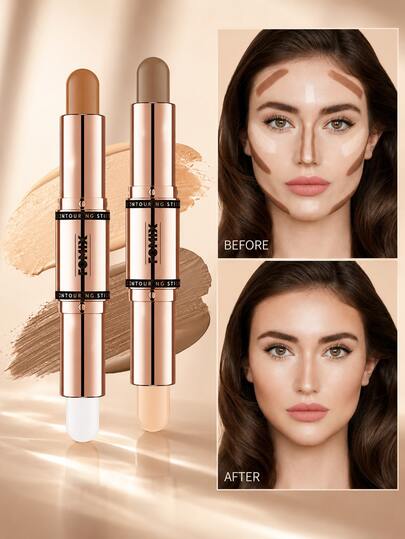 2Pcs Stick 2-In-1 Highlight & Contour  Medium Makeup Bronzer Contour  Dual-Ended Creamy Blendable Long-Lasting Natural Finish Buildable Coverage Girlfriend Wife Mother Friend Birthday School Campus Trip Festivals Anniversary Special Occasions
