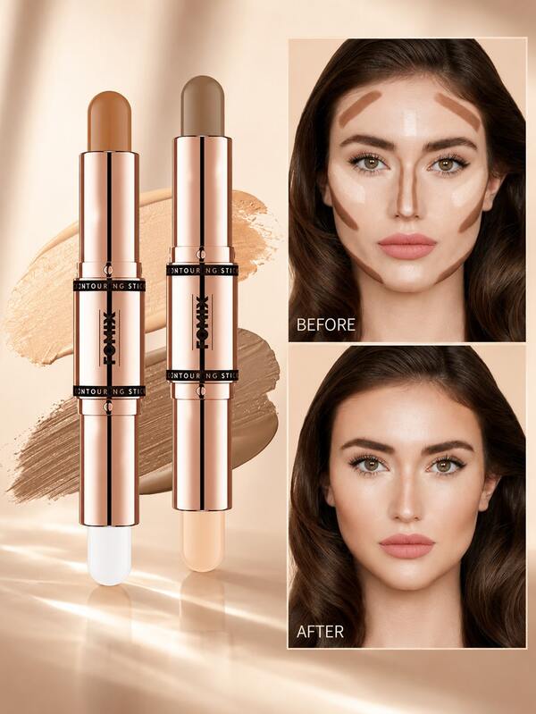 2Pcs Stick 2-In-1 Highlight & Contour  Medium Makeup Bronzer Contour  Dual-Ended Creamy Blendable Long-Lasting Natural Finish Buildable Coverage Girlfriend Wife Mother Friend Birthday School Campus Trip Festivals Anniversary Special Occasions