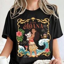 Loose Fit Unisex Pure Cotton T-Shirt, Disney Moana Tee Featuring "I Am Moana" Text Pua Heihei And Tropical Ocean Accents Casual Daily Short Sleeve Tee - Black - View 1
