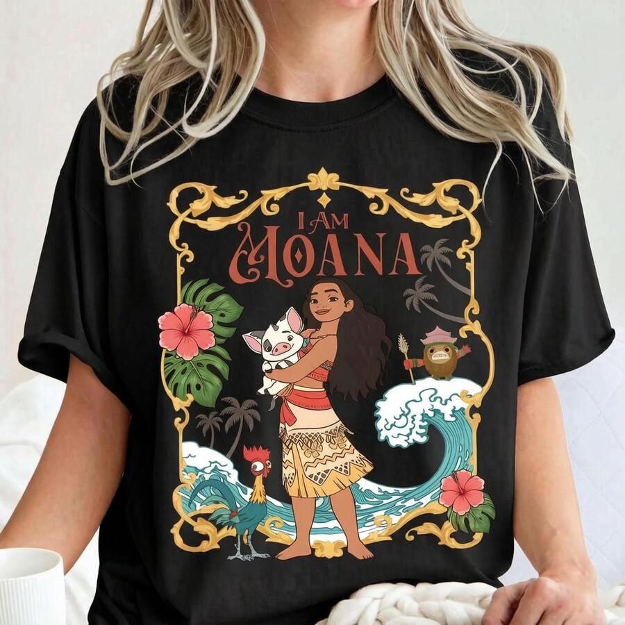 Loose Fit Unisex Pure Cotton T-Shirt, Disney Moana Tee Featuring "I Am Moana" Text Pua Heihei And Tropical Ocean Accents Casual Daily Short Sleeve Tee - Black - View 1