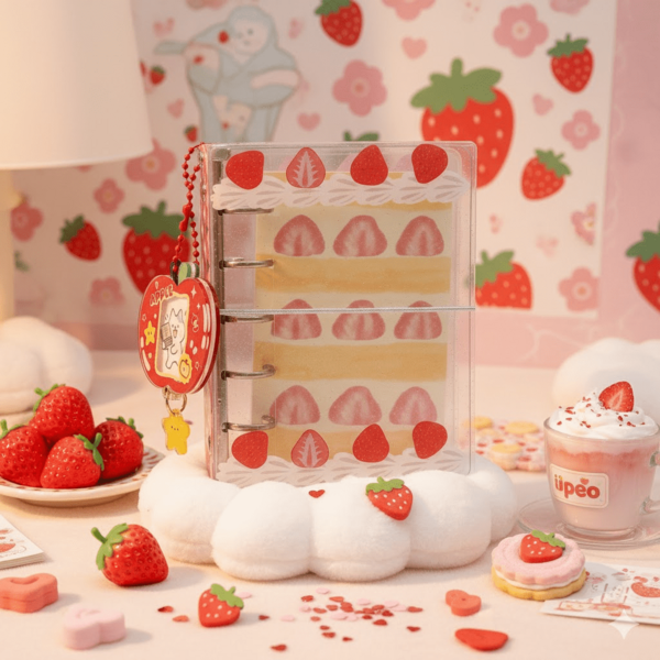 1pc Cute Cream Strawberry Glitter Lace-Up Loose Leaf Binder, Portable DIY Scrapbook Detachable 5-Hole Loose Leaf Notebook, Mini Pocket Sticker Book, PVC Material, Stamp Book, Photo Album, Small Card Holder Transparent Notebook Cover
