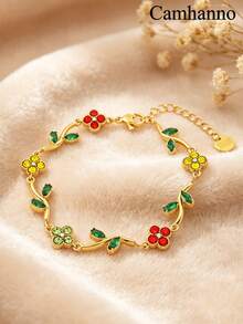 Camhanno 1 Stück Mori-Stil Ast & Vierblatt-Kleeblatt Armband, gefertigt aus Edelstahl mit 18K Goldbeschichtung, wasserdicht, schweißresistent, langanhaltender Glanz, nicht verblassend, hautfreundlich & hypoallergen, verziert mit funkelnden Strasssteinen für eine atmosphärische Ausstrahlung, perfekt für den täglichen Gebrauch und als Feiertagsgeschenk - goldene 6 - Übersicht 1