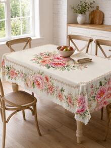 1pc Summer Pink Rose & Peony Floral Print Polyester Wavy Edge Rectangular Tablecloth, Home Daily Use Room Decor Wedding Arrangement Patio Afternoon Tea Table Cloth - Multicolor - View 3