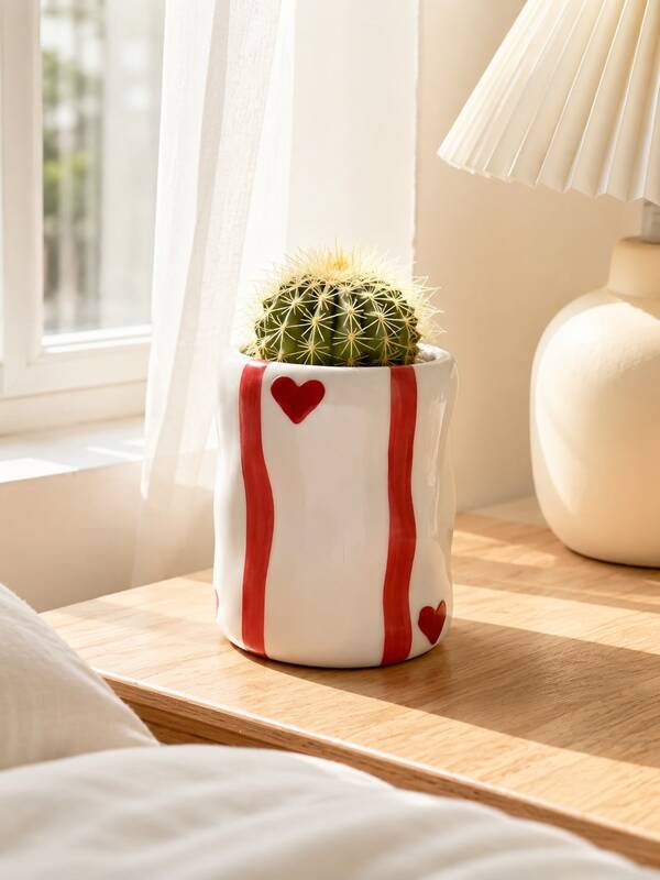 Maceta de resina pintada a mano estilo Ins con rayas rojas/azules/negras, diseño asimétrico ondulado con decoración de corazón rojo, de doble uso para cultivar plantas y almacenamiento de escritorio, linda decoración del hogar y regalo de inauguración de casa
