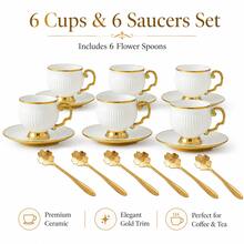 6pcs 90ml White Ceramic Coffee Cup & Saucer Set With Gold Trim, 6 Cups + 6 Saucers With Gold Metal Rack, Elegant Ribbed Espresso Tea Cup Set For Afternoon Tea, Home Kitchen, Party & Gift Use - Multicolor - View 14