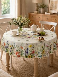 1pc Pastoral Wildflower & Butterfly Print Tablecloth, Off-White Background With Colorful Floral Pattern, Scalloped Wavy Edge, Suitable For Kitchen, Dining Room, Outdoor Picnic, Spring/Summer Party, Home Decor - Multicolor - View 2