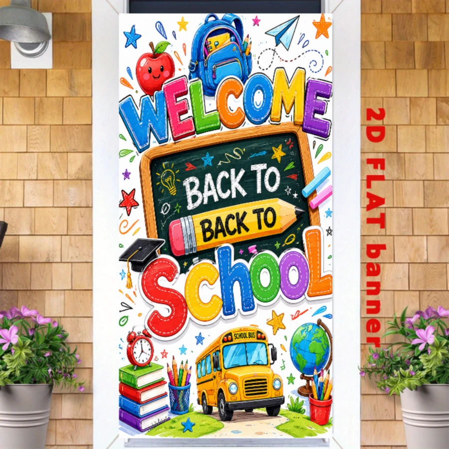 2D Flag, Welcome Back To School Theme Banner Background, Featuring School Bus, Blackboard, Schoolbag, Books And Other Campus Elements. Made Of Polyester Material, No Power Supply Required. (1).Png