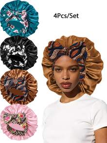 4pcs Women's Floral Print Bow Decor Satin Hair Caps, Soft Elastic Band, Silky Hair Protection Night Caps, Suitable For Daily Home Use - Multicolor 4pcs - View 27