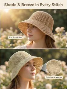 1pc Women's Vacation Style Summer Sun Protection Straw Bucket Hat, UPF 50+ Sun Hat, Suitable For Daily Outdoor Wear And Beach Travel Photography - A - View 8