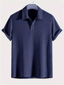 Men's Solid Color Semi-Transparent Golf Shirt, Waffle Thin Casual Short Sleeve Elastic Polo Shirt, Suitable For Leisure Outdoor Activities, Spring/Summer - Navy Blue - View 1