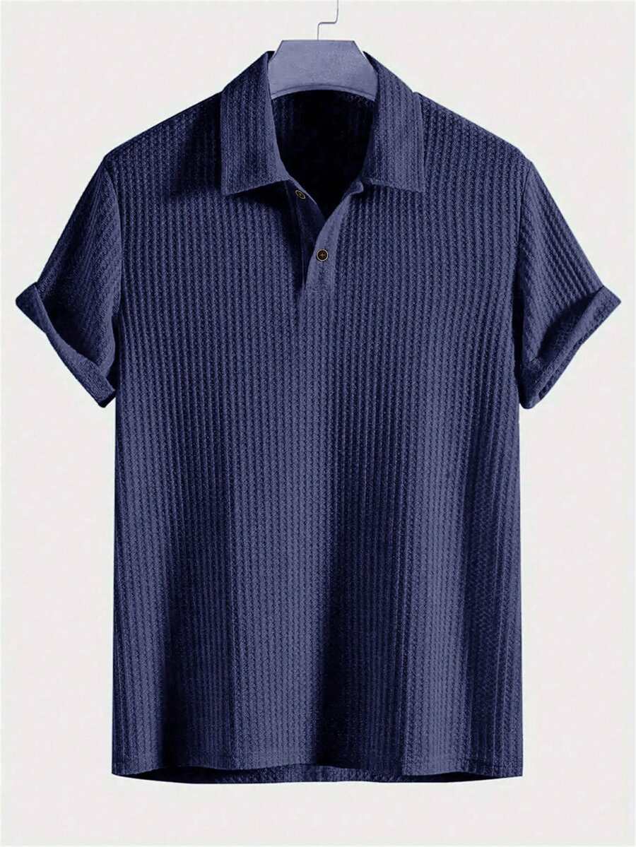 Men's Solid Color Semi-Transparent Golf Shirt, Waffle Thin Casual Short Sleeve Elastic Polo Shirt, Suitable For Leisure Outdoor Activities, Spring/Summer - Navy Blue - View 1