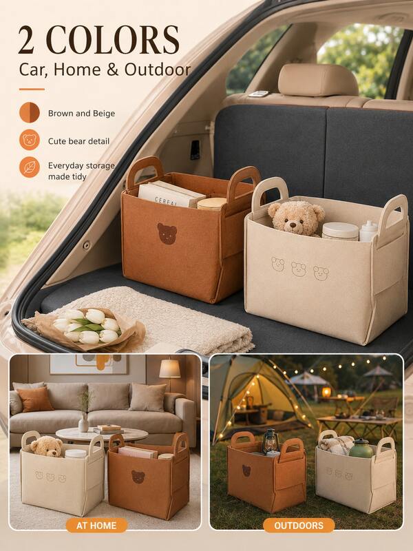 Car Trunk Organizer Storage Basket, Foldable Felt Auto Cargo Box, Collapsible Car Backseat Bin For SUV Truck Van, Cute Bear Multipurpose Container For Home Bedroom Nursery, Portable Toy Book Snack Holder, Camping Outdoor, Brown & Beige