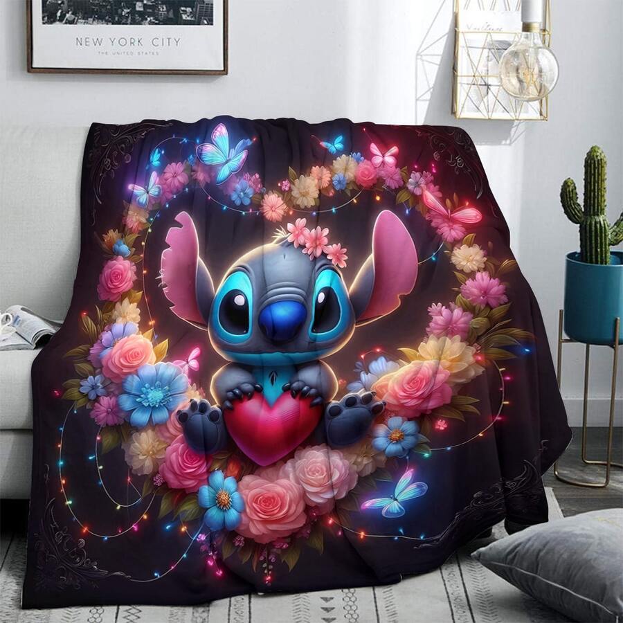 1PC Colorful Cute Cartoon Stitch Heart Disney All-Star Theme Flannel Printed Blanket, Air Conditioner Cover Blanket - 100% Polyester Knitted Quilted Blanket, Digital Print - Comfortable Bedding Suitable For All Seasons, Perfect For Napping, Camping, Travel - Ideal Gift For Friends And Family, Comfortable Flannel Blanket - Multiple Sizes Available, Super Soft, Suitable For Sofa/Bed, Essential For All Seasons, Perfect For Daily Rest On The Sofa - Multicolor - View 1