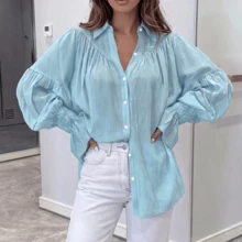Women's Regular Fit Blouse, Elegant Bishop Sleeves, Ruffle Cuffs, Classic Shirt Collar Design, Button Front, Polyester Regular Blouse. Solid Color Polyester Ruffle Hem Button-Up Blouse For Spring & Summer - Cadet Blue - View 4