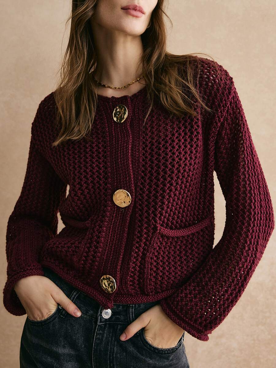 Women's Textured Open Knit Cardigan, Crew Neck Drop Shoulder Long Sleeve Gold Button Front Loose Casual Sweater Jacket Vacation Fall - Burgundy - View 1