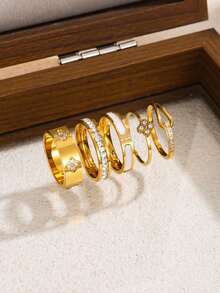 5pcs 18k Gold Plated Exquisite Luxury Sparkling Ring Set, Stainless Steel Jewelry Set, Multiple Sizes Available, Solves Your Size Anxiety, Waterproof, Wear-Resistant, Hypoallergenic, Suitable For Women's Daily Wear, Party, Gift, Vacation, Fashion Jewelry - Yellow Gold - View 14