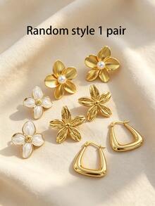 4 Paar Blumen-Ohrring-Set, große Perlen-Ohrstecker, Dreieck-Anhänger-Ohrringe, goldene Emaille-Weiße-Blumen-Ohrringe, eleganter Blumenschmuck mit Blütenblatt-Struktur, Vintage-Ohrringe, geeignet für tägliches Pendeln, Partys, Hochzeiten, verschiedene Anlässe - Verschiedenfarbig - View 6