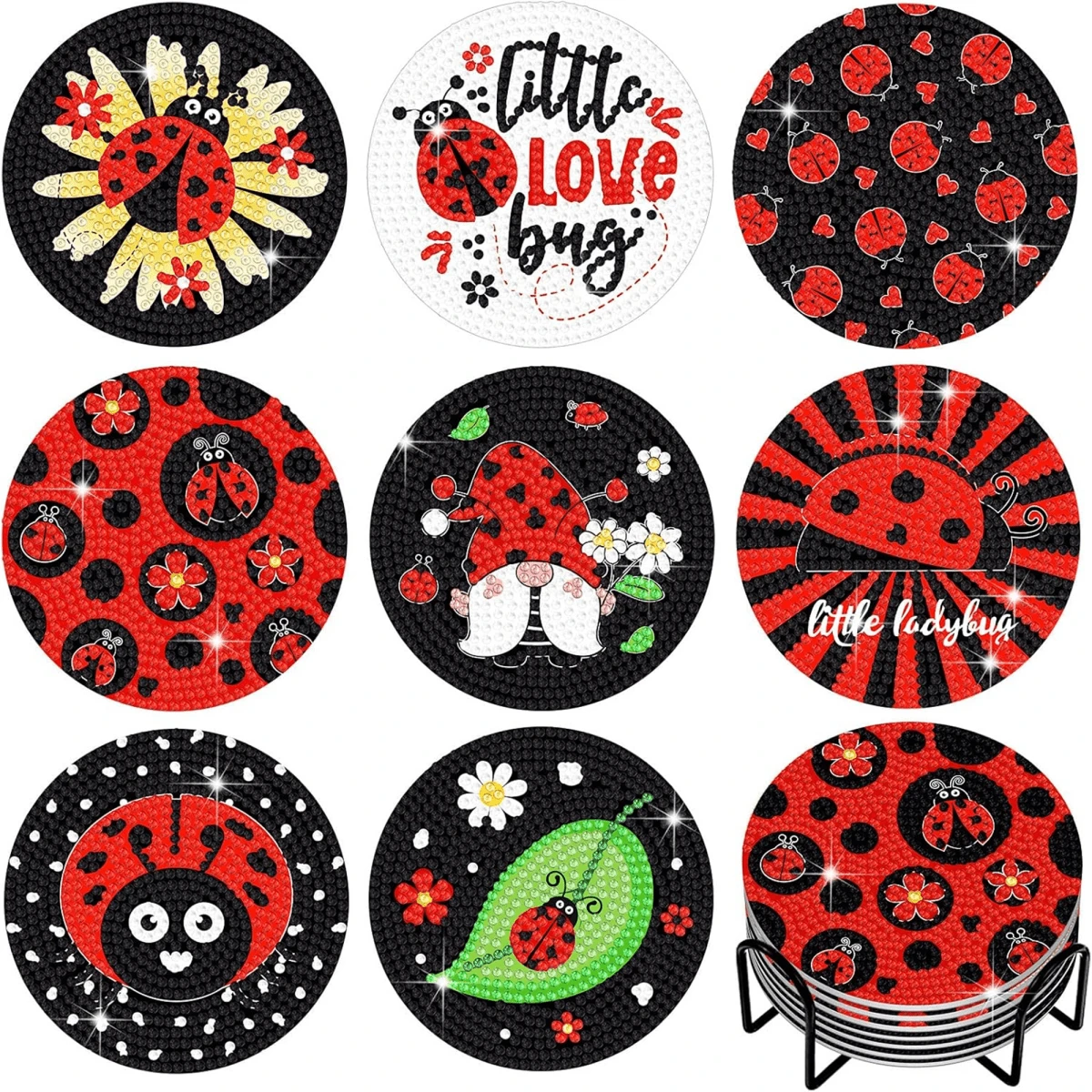 7-Star Ladybug 8pcs DIY Diamond Painting Coaster Set, Round High-Gloss Rhinestone Surface, Firm Adhesion With Complete Tool Kit, Easy For Beginners, Stress-Relieving Craft, New Year Spring Festival Valentine's Day Christmas Teacher's Day Holiday Gift, Heat-Insulating Decorative Coasters For Dining Table And Coffee Table, Gift For Family, Friends, Besties, Teachers