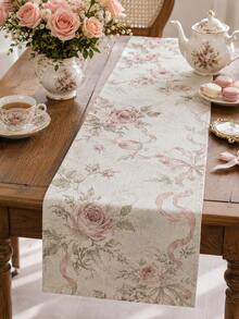 1pc Pink Rose Vintage Table Runner, French Country Floral & Bow Linen Tablecloth, Vintage Floral Dining Tablecloth, Suitable For Dining Room, Kitchen, Coffee Table, Tea Party - Multicolor - View 4