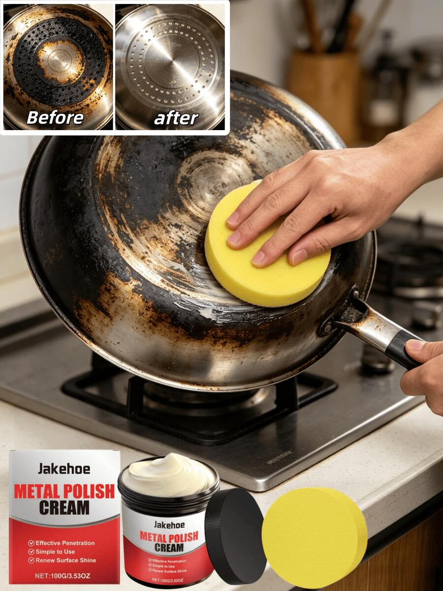 jakehoe Metal Polishing Paste, Cleans Kitchen Stove, Metal Cookware, Pot Bottom Rust Stains And Grime. This Metal Polishing Paste Is Specially Designed For Kitchen Metal Utensils, Easily Removing Stubborn Grime, Rust Stains And Oxidation Layers From Stove Tops, Cookware And Pot Bottoms To Restore The Original Luster - Solid State - View 1