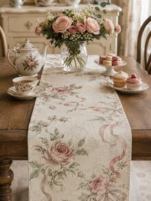 1pc Pink Rose Vintage Table Runner, French Country Floral & Bow Linen Tablecloth, Vintage Floral Dining Tablecloth, Suitable For Dining Room, Kitchen, Coffee Table, Tea Party - Multicolor - View 5