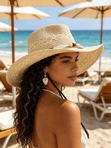 Eshat Panama Straw Hat, Shell Chain Cowboy Straw Hat, Straw Sun Hat, Beach Vacation Straw Hat, Lightweight Breathable UV Protection Sun Hat, Suitable For Travel, Daily Wear, Holiday Gift - Straw Cross-stitch Panama Hat - View 2