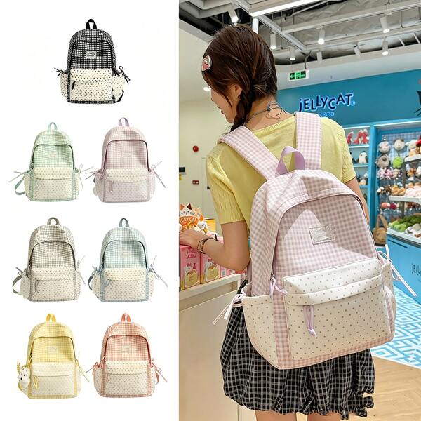 Balo patchwork kẻ caro & chấm bi, túi dây rút nữ sinh phong cách học viện Nhật Bản, balo nhẹ đi học