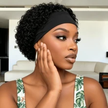 Natural Black Headband Wig Human Hair Curly Pixie Cut Wig None Lace Front Wear And Go Wigs For Daily Wear - Multicolor - View 2