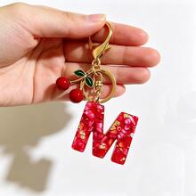 1pc Red Bohemian Style Resin Drip Letter Keychain, Cute Cherry Pendant, Fashionable Personalized Initial Bag Charm, Exquisite Accessory Gift For Girls - Red - View 2
