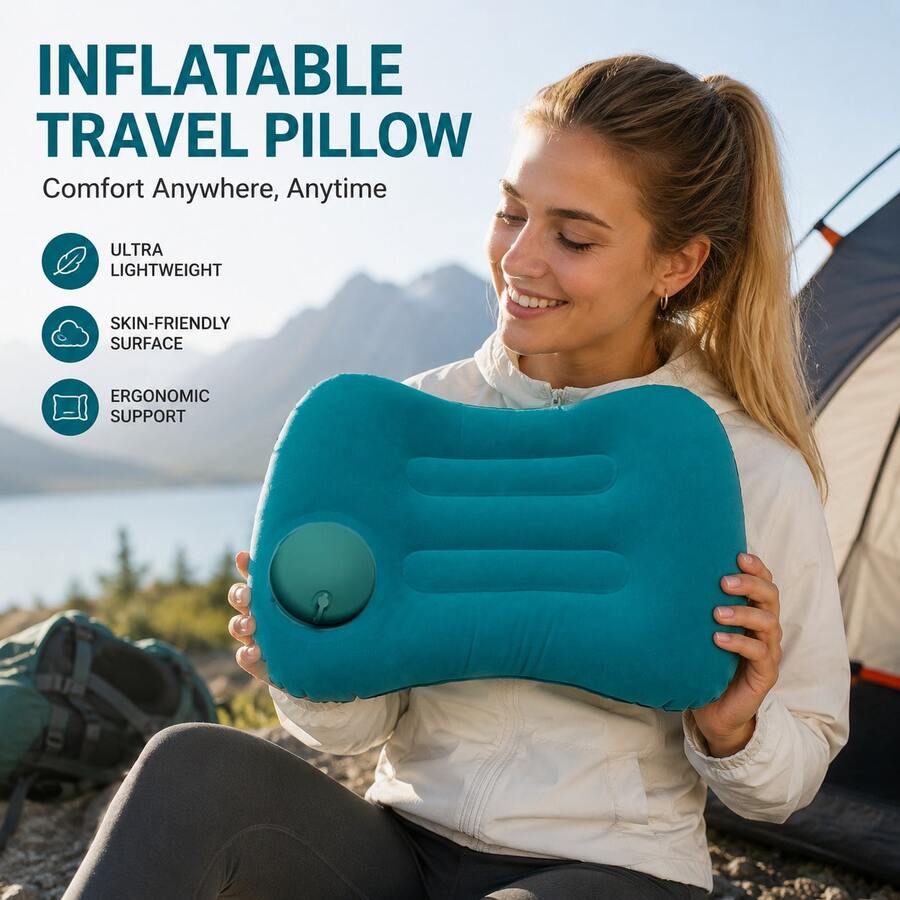 1pc Inflatable Pillow, Foldable And Portable, Press To Inflate, Soft Fleece Pillow, Suitable For Travel, Airplane, Car, Home, Office Nap, Camping And More. Lightweight And Foldable, Travel Essential.