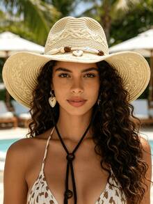 Eshat Panama Straw Hat, Shell Chain Cowboy Straw Hat, Straw Sun Hat, Beach Vacation Straw Hat, Lightweight Breathable UV Protection Sun Hat, Suitable For Travel, Daily Wear, Holiday Gift - Straw Cross-stitch Panama Hat - View 1