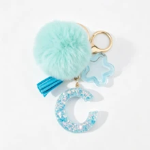 Llavero de letra A-Z con pompones rosa pastel, colgante de bolso y anillo de llaves elegante, accesorio festivo para bolso, regalo imprescindible para el Día de San Valentín/Cumpleaños/Año Nuevo - Turquesa - Ver 16