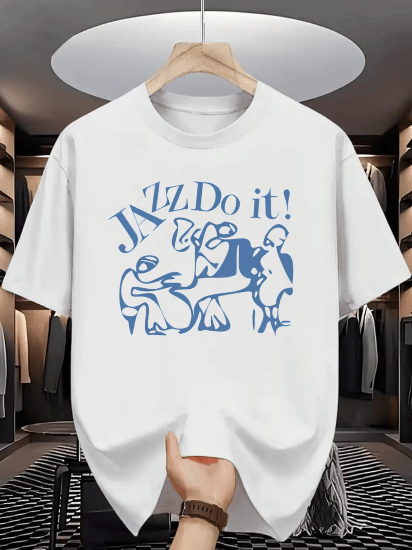 Figura abstracta de músicos de jazz tocando juntos con texto motivador JAZZ Do it camiseta de hombre - Blanco - Ver 1