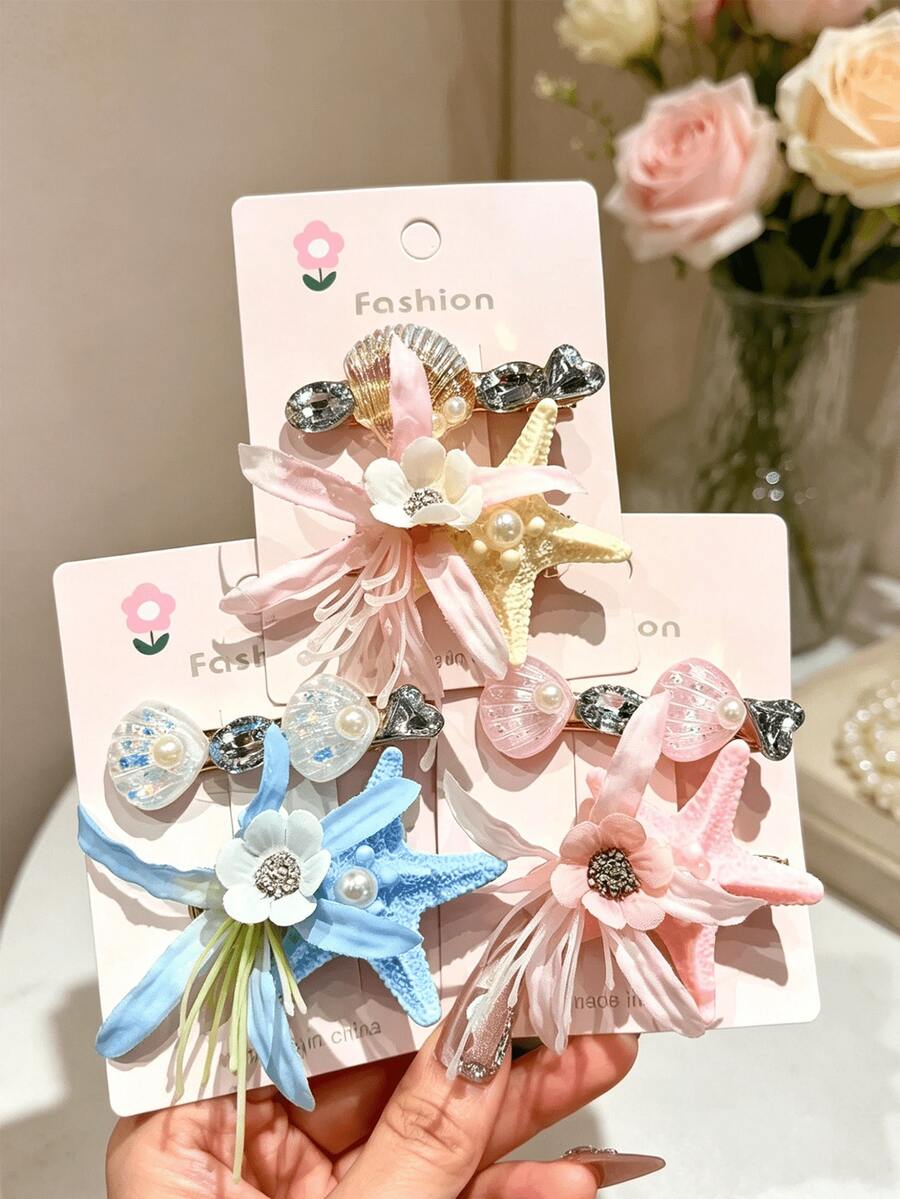 2入仙女海星與花朵鴨嘴髮夾，海邊日常與度假髮飾 - 彩色 - 查看 1