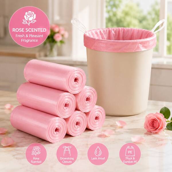 300pcs Pink Drawstring Trash Bags, 17.72 X 17.72in Rose Scented PE Garbage Bags With White Handle Ties, Heavy Duty Leak-Resistant Small Bin Liners For Bathroom, Bedroom, Office And Home