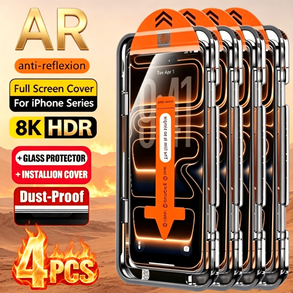 4 buah Pelindung Layar Kaca Tempered Full Coverage, Kompatibel dengan iPhone 17/16/15/14/13/12/11/17 Pro Max/16 Pro Max/17 Pro/15 Pro/Plus/Mini/X/XR/XS Max/Air/7/8/SE2/SE3, Film Kaca Tempered Ultra HD, Kekerasan 9H+, Anti Gores Anti Sidik Jari, Kompatibel dengan Casing Ponsel