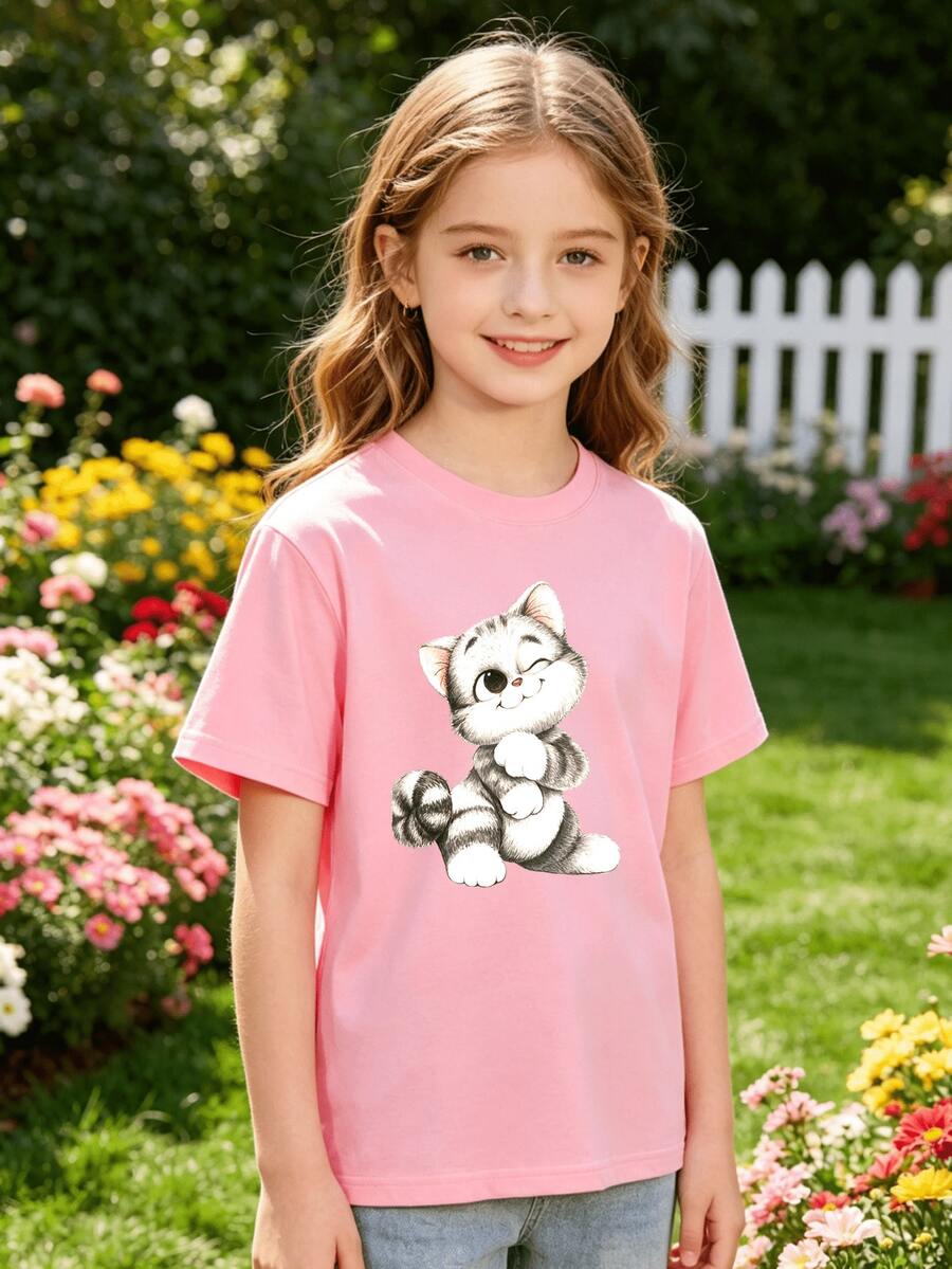 Camiseta con estampado de camisa casual para mujer, manga corta y cuello redondo, moda urbana local de primavera/verano. - Rosa - Ver 1