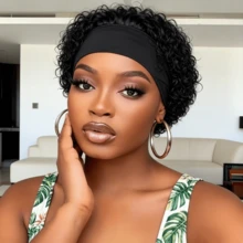 Natural Black Headband Wig Human Hair Curly Pixie Cut Wig None Lace Front Wear And Go Wigs For Daily Wear - Multicolor - View 1