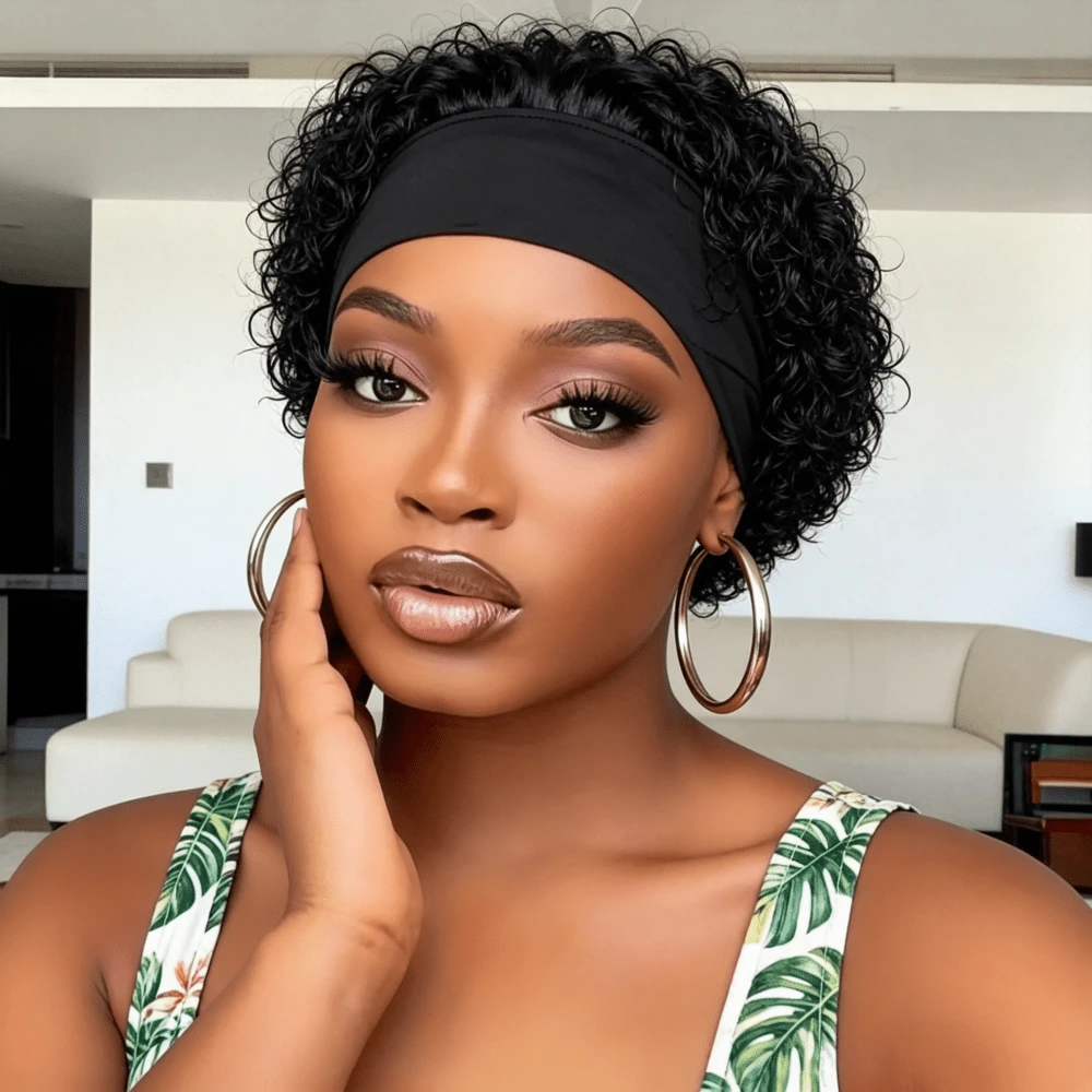 Natural Black Headband Wig Human Hair Curly Pixie Cut Wig None Lace Front Wear And Go Wigs For Daily Wear - Multicolor - View 1