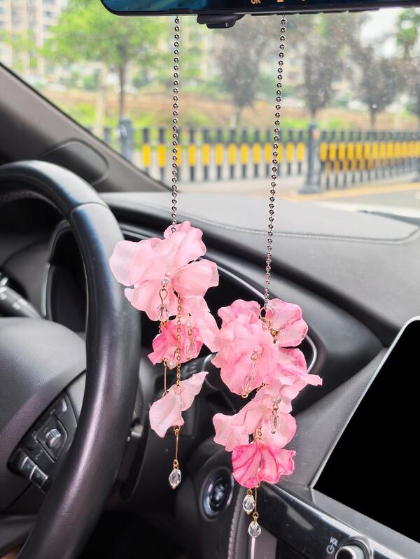 Flower Tassel Pendant Car Hanging Ornament, Creative Car Rearview Mirror Decor Accessory