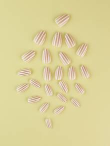 24片條紋壓貼式假指甲，配色短杏仁形美甲套組，含1片背膠貼片與1個指甲銼條，適合日常佩戴 - 彩色 - 查看 3