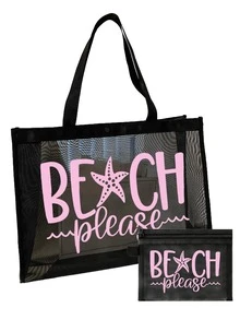 網格托特包套組，彩色「Please Beach」字樣與海星設計，網格化妝包，海灘手提包，休閒度假包，可折疊大容量游泳包，夏季必備，適合學校、度假、開學使用，送給朋友和老師的理想禮物 - 彩色 - 查看 12
