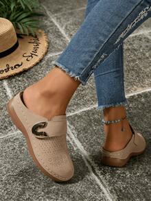 Ladies New Hook-And-Loop Metal Button Flower Pattern Hollow Design Fashionable And Casual Daily Comfortable Light Breathable Vacation Travel Wedge Hee - Grey - View 4