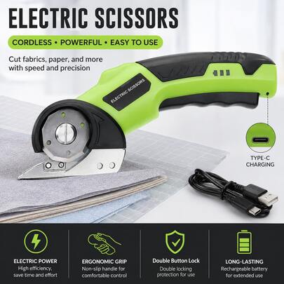 1pc 11mm Thick ABS Cordless Electric Scissors With Diamond Rotary Blade, Ergonomic Single-Hand Grip, USB Rechargeable Brushless Motor, Professional Fabric Cutting, Rechargeable Cardboard Box Cutter, Steel Ruler, Fabric Marking Pen, Storage Box, Provides Smooth And Even Cutting Results, Easy One-Handed Operation, Heavy-Duty Fabric Scissors, LED Light, Electric Rotary Cutter For Leather, Carpet, Plastic Cutting, Perfect Gift Choice