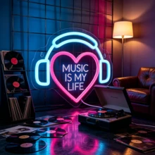Music Is My Life 耳機愛心 LED 霓虹燈牌,創意音樂金句霓虹燈,USB 供電壁掛裝飾燈,適用於臥室、遊戲室、音樂工作室、酒吧、咖啡廳,音樂愛好者的理想新穎禮物,室內派對與節慶裝飾 - Music Is My Life - 查看 2