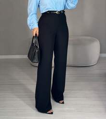 Women's Wide Leg Tailored Style Pantaloons With High Waist, Simple Zipper, Pocket, PP To GG, Office, Formal Night And Nighttime, Modern Winter, Premium Sensory Fabric - 黑色 - 查看 3