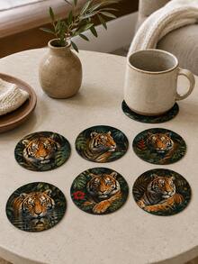 1組6入野生動物圓形木製杯墊 10cm 逼真插畫印花（獅子/豹/虎/雪豹）耐熱隔熱墊 家用桌面裝飾 適用於廚房咖啡杯茶杯 叢林自然風 派對禮品布置 - 彩色 - 查看 9