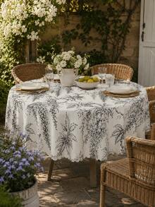 Wisteria 桌巾，優雅黑白花卉印花聚酯纖維圓形桌巾，帶波浪邊緣，復古植物風格亞麻桌巾，適用於廚房、餐廳、農舍、露台、婚禮和家居裝飾 - 彩色 - 查看 17